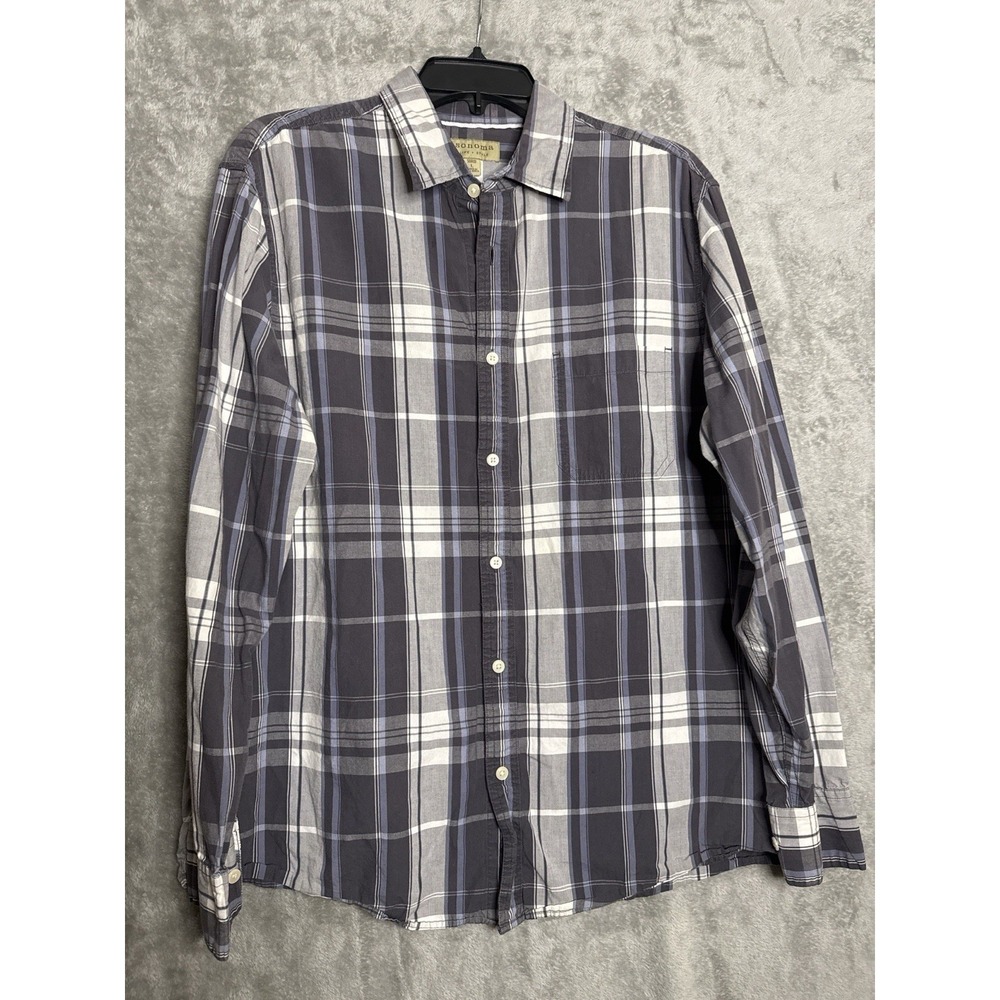 Sonoma Mens Plaid Button Down Shirt Large Gray Blue Cotton Long Sleeve Casual